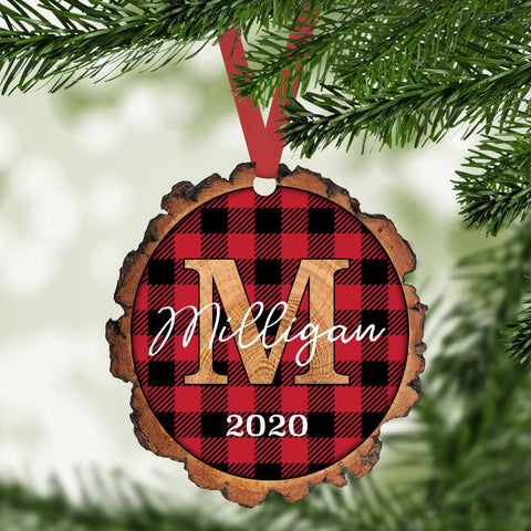red buffalo plaid personalized faux wood slice christmas ornament