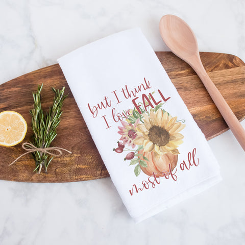but I think I love fall most of all fall floral pumpkin kitchen tea towel, decorative hand towel, modern farmhouse style home decor, kitchen decor, bathroom decor