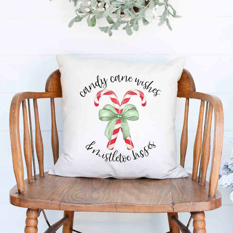 candy cane wishes and mistletoe kisses Christmas Holiday White Canvas Pillow Cover, Farmhouse Christmas Decor