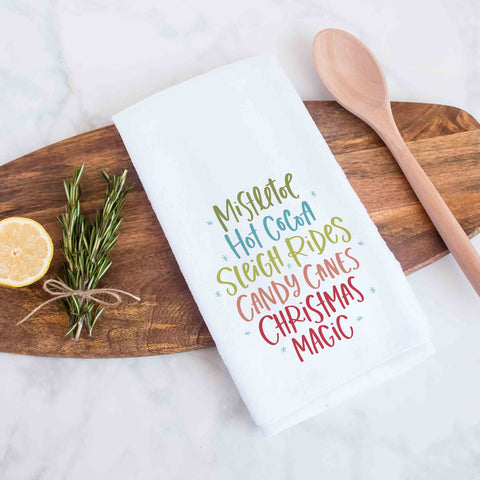 Mistletoe Hot Cocoa Sleigh Rides Candy Canes Christmas Magic Handlettered Decorative Christmas Holiday Kitchen Hand Towel