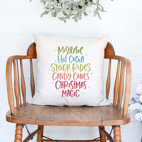 mistletoe hot cocoa sleigh rides candy canes christmas magic white canvas or burlap christmas holiday pillow cover by Heart & Willow Prints heartandwillowprints