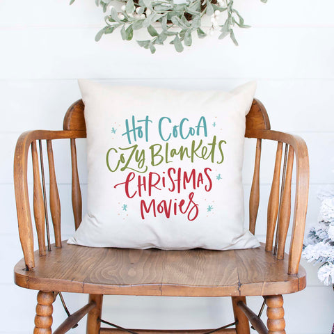 hot cocoa cozy blankets christmas movies white canvas or burlap christmas holiday pillow cover by Heart & Willow Prints heartandwillowprints