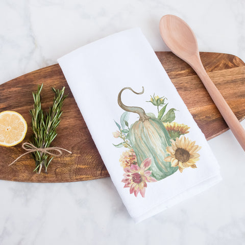 fall floral gourd personalized kitchen tea towel, decorative hand towel, modern farmhouse style home decor, kitchen decor, bathroom decor