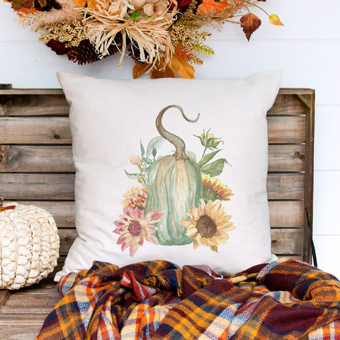 fall floral gourd personalized linen pillow cover, modern farmhouse home decor, boho home decor, cottage core home decor