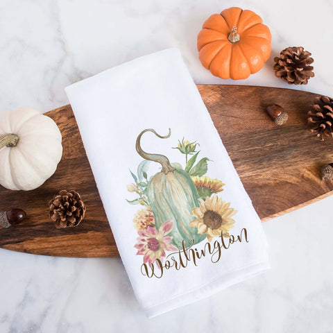 fall floral gourd personalized kitchen tea towel, decorative hand towel, modern farmhouse style home decor, kitchen decor, bathroom decor