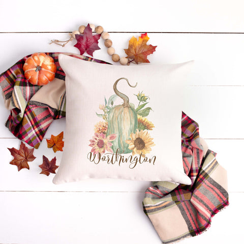 fall floral gourd personalized linen pillow cover, modern farmhouse home decor, boho home decor, cottage core home decor
