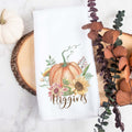 fall floral pumpkin personalized kitchen tea towel, decorative hand towel, modern farmhouse style home decor, kitchen decor, bathroom decor