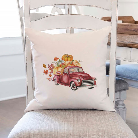 Personalized fall linen pillow cover with text that says the family name with a fall red truck and pumpkins.  Modern farmhouse style pillow cover home decor.