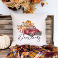 Personalized fall linen pillow cover with text that says the family name with a fall red truck and pumpkins.  Modern farmhouse style pillow cover home decor.