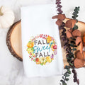 A fall tea towel printed with fall sweet fall in a wreath made of pumpkins, flowers and gourds.  This can be used as a hand towel, kitchen towel, decorative towel, bathrooom towel, and more.