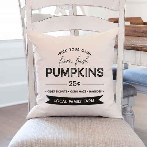 Personalized fall linen pillow cover with text that says pick your own farm fresh pumpkins and the family name.  Modern farmhouse style pillow cover home decor.