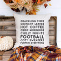 Fall linen pillow cover with text that says crackling fires, crunchy leaves, hot coffee, crisp mornings, chilly nights, football, cozy sweaters, pumpkin everything.  Modern farmhouse style pillow cover home decor.