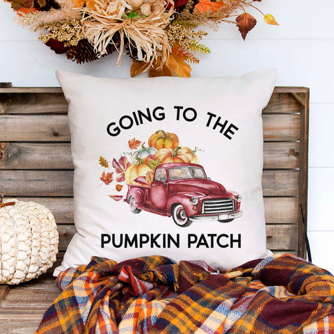 Fall linen pillow cover with a red truck with pumpkins in it and text that says going to the pumpkin patch.  Modern farmhouse style pillow cover home decor.
