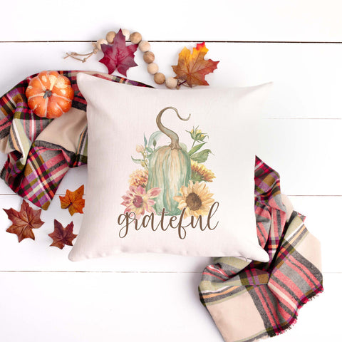 grateful fall floral gourd linen pillow cover, modern farmhouse home decor, boho home decor, cottage core home decor