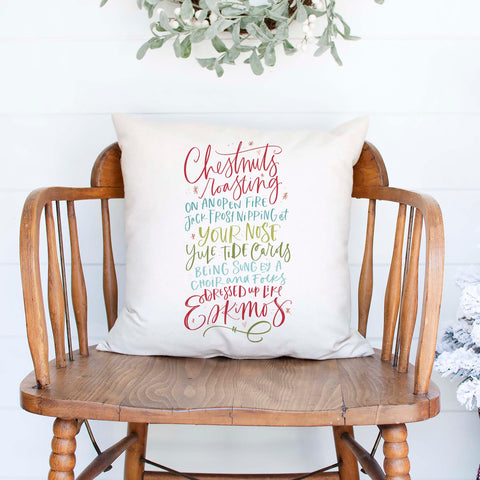 chestnust roasting on an open fire white canvas or burlap christmas holiday pillow cover by Heart & Willow Prints heartandwillowprints