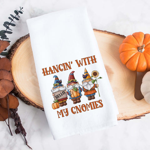 hanging with my gnomies fall gnomes kitchen tea towel, decorative hand towel, modern farmhouse style home decor, kitchen decor, bathroom decor