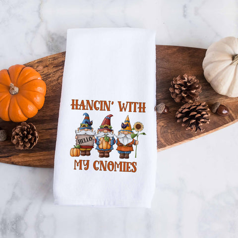 hanging with my gnomies fall gnomes kitchen tea towel, decorative hand towel, modern farmhouse style home decor, kitchen decor, bathroom decor