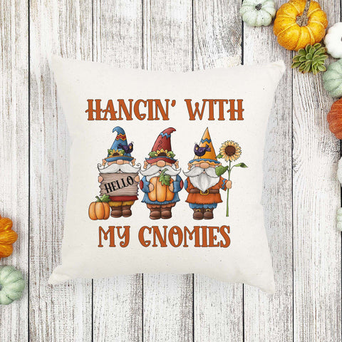 hangin with my gnomies fall gnomes linen pillow cover, modern farmhouse home decor, boho home decor, cottage core home decor
