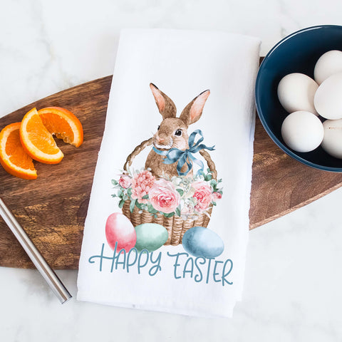 happy easter bunny in floral basket kitchen towel, hand towel, tea towel, decorative towel