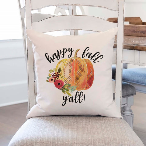Fall linen pillow cover with a watercolor pumpkin and flowers and text that says happy fall y'all.  Modern farmhouse style pillow cover home decor.
