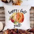 Fall linen pillow cover with a watercolor pumpkin and flowers and text that says happy fall y'all.  Modern farmhouse style pillow cover home decor.