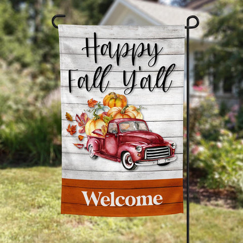happy fall y'all, fall red truck personalized fall garden flag, welcome flag, modern farmhouse home decor
