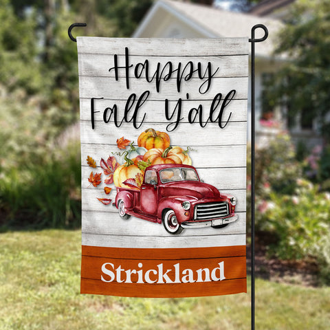 happy fall y'all, fall red truck personalized fall garden flag, welcome flag, modern farmhouse home decor