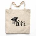 Graduation canvas tote bag with #done and a graduation cap with the graduation year