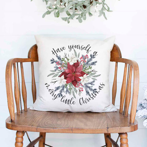 Have yourself a merry little Christmas poinsettia Christmas Holiday White Canvas Pillow Cover, Farmhouse Christmas Decor