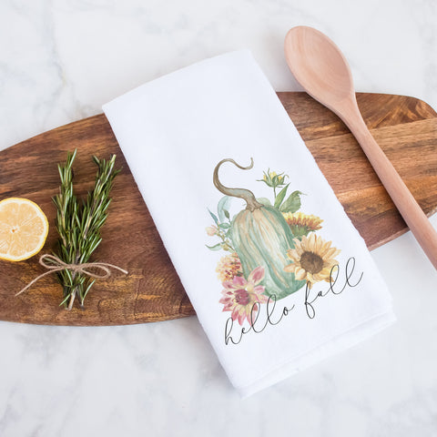 hello fall floral gourd kitchen tea towel, decorative hand towel, modern farmhouse style home decor, kitchen decor, bathroom decor