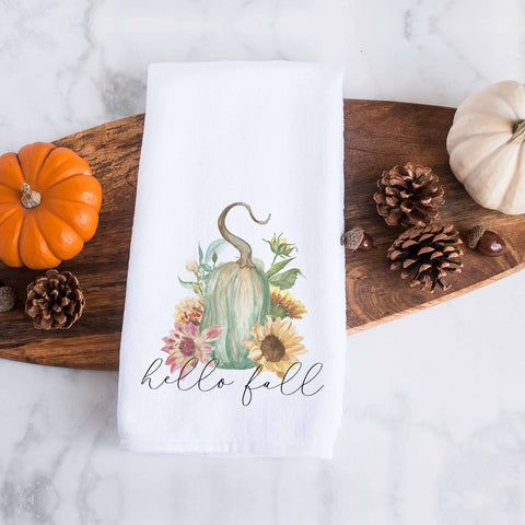 hello fall floral gourd kitchen tea towel, decorative hand towel, modern farmhouse style home decor, kitchen decor, bathroom decor