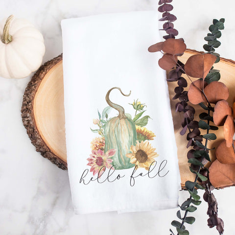 hello fall floral gourd kitchen tea towel, decorative hand towel, modern farmhouse style home decor, kitchen decor, bathroom decor