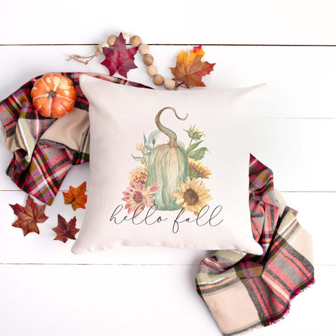 hello fall floral gourd linen pillow cover, modern farmhouse home decor, boho home decor, cottage core home decor