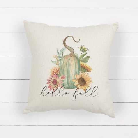 hello fall floral gourd linen pillow cover, modern farmhouse home decor, boho home decor, cottage core home decor