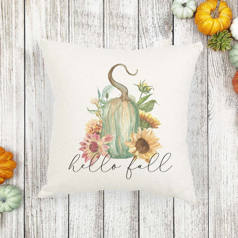 hello fall floral gourd linen pillow cover, modern farmhouse home decor, boho home decor, cottage core home decor