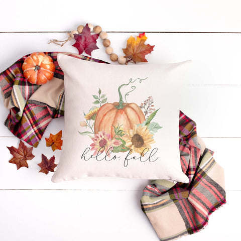 hello fall floral pumpkin linen pillow cover, modern farmhouse home decor, boho home decor, cottage core home decor