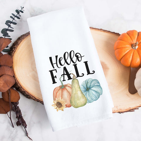 hello fall pumpkins kitchen tea towel, decorative hand towel, modern farmhouse style home decor, kitchen decor, bathroom decor