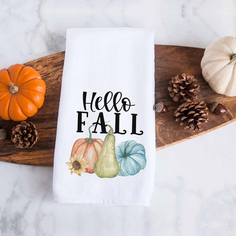 hello fall pumpkins kitchen tea towel, decorative hand towel, modern farmhouse style home decor, kitchen decor, bathroom decor