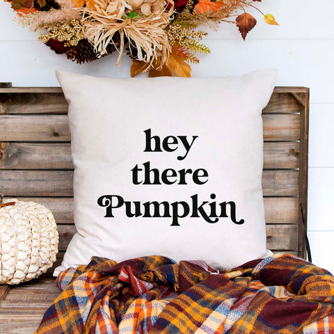 Fall linen pillow cover with text that says hey there pumpkin.  Modern farmhouse style pillow cover home decor.