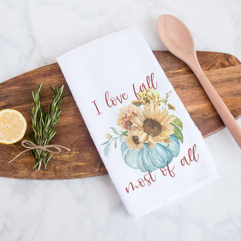 I love fall most of all fall floral blue pumpkin kitchen tea towel, decorative hand towel, modern farmhouse style home decor, kitchen decor, bathroom decor