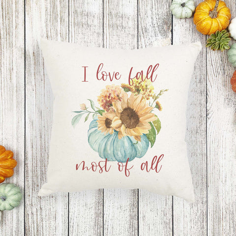 I love fall most of all floral blue pumpkin linen pillow cover, modern farmhouse home decor, boho home decor, cottage core home decor