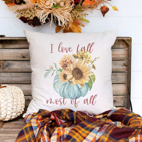 I love fall most of all floral blue pumpkin linen pillow cover, modern farmhouse home decor, boho home decor, cottage core home decor