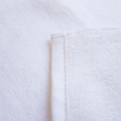 Close up of both sides of the tea towel texture.  Soft velour on the printed side, and very obsorbant cotton terry cloth on the opposite side