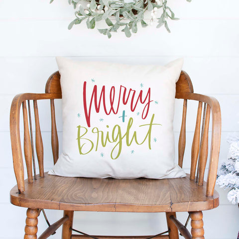 merry and bright white canvas or burlap christmas holiday pillow cover by Heart & Willow Prints heartandwillowprints