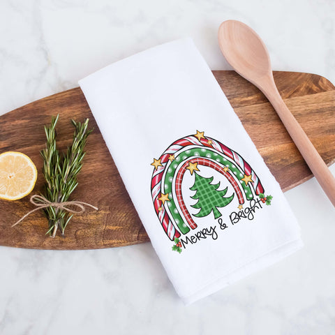 Merry and Bright Boho Rainbow Decorative Christmas Holiday Kitchen Hand Towel
