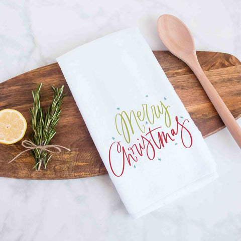Merry Christmas Handlettered Decorative Christmas Holiday Kitchen Hand Towel