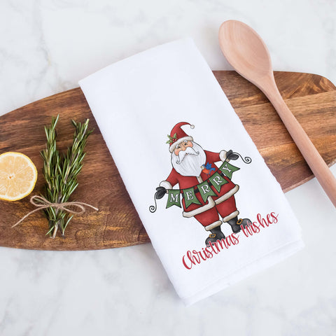 Santa Claus Merry Christmas Wishes Decorative Christmas Holiday Kitchen Hand Towel, Farmhouse Christmas Decor