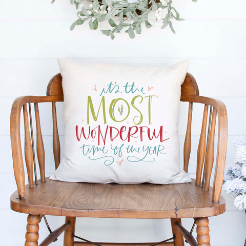 It's the Most Wonderful time of the year white canvas or burlap christmas holiday pillow cover by Heart & Willow Prints heartandwillowprints