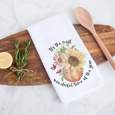 it's the most wonderful time of the year fall floral pumpkin kitchen tea towel, decorative hand towel, modern farmhouse style home decor, kitchen decor, bathroom decor