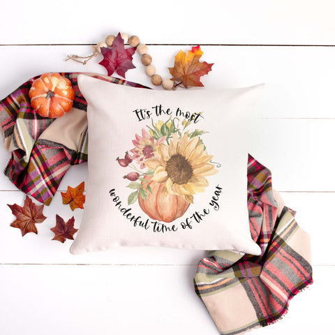 it's the most wonderful time of the year fall floral pumpkin linen pillow cover, modern farmhouse home decor, boho home decor, cottage core home decor